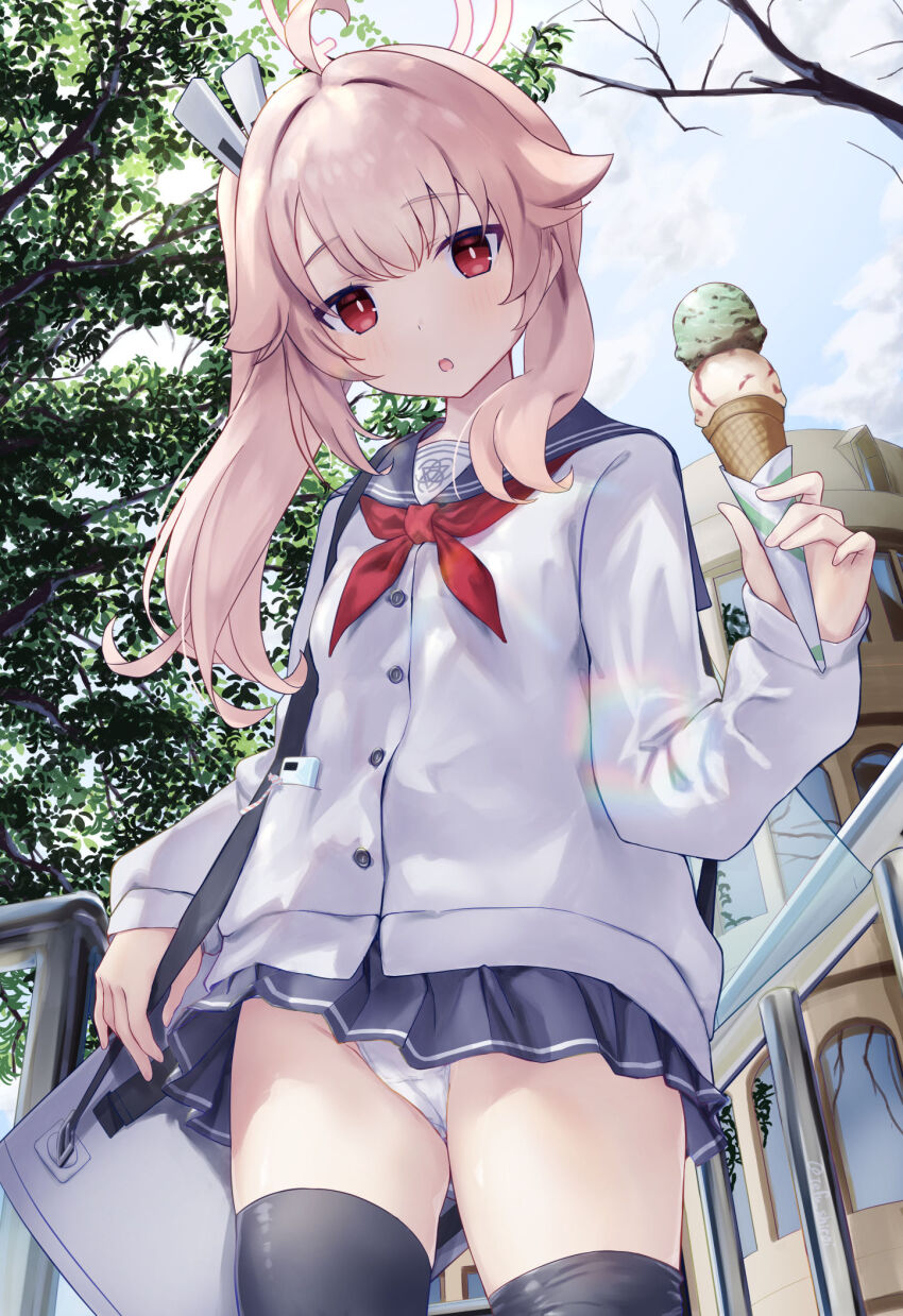 1girl, ahoge, bag, black_thighhighs, blue_archive, blue_sailor_collar, blue_skirt, blue_sky