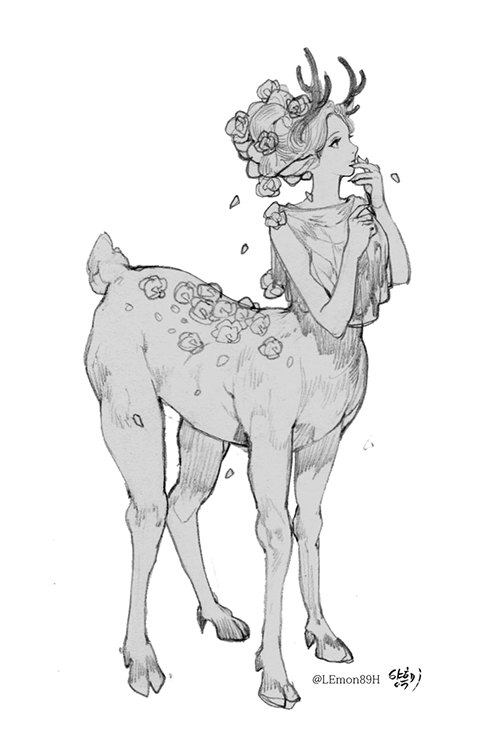 1girl, antlers, centaur, commentary, flower, full_body, greyscale, hair_flower