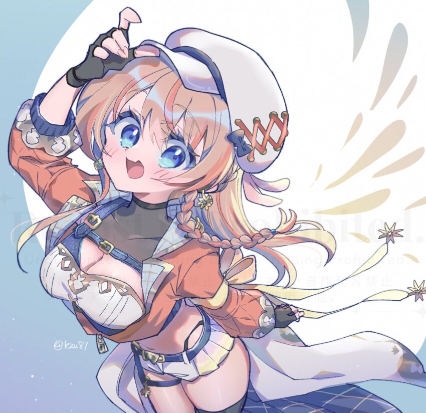 1girl, arm_up, bandeau, belt, black_gloves, black_thighhighs, blue_belt, blue_eyes