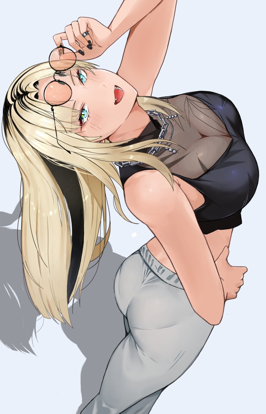 1girl, :d, absurdres, adjusting_eyewear, ass, backbend, black_hair, black_nails