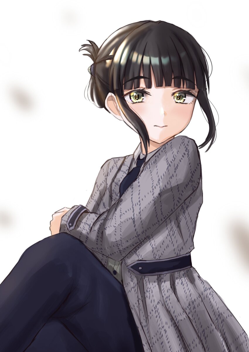 1girl, absurdres, black_hair, black_necktie, black_pants, blunt_bangs, cardigan, closed_mouth
