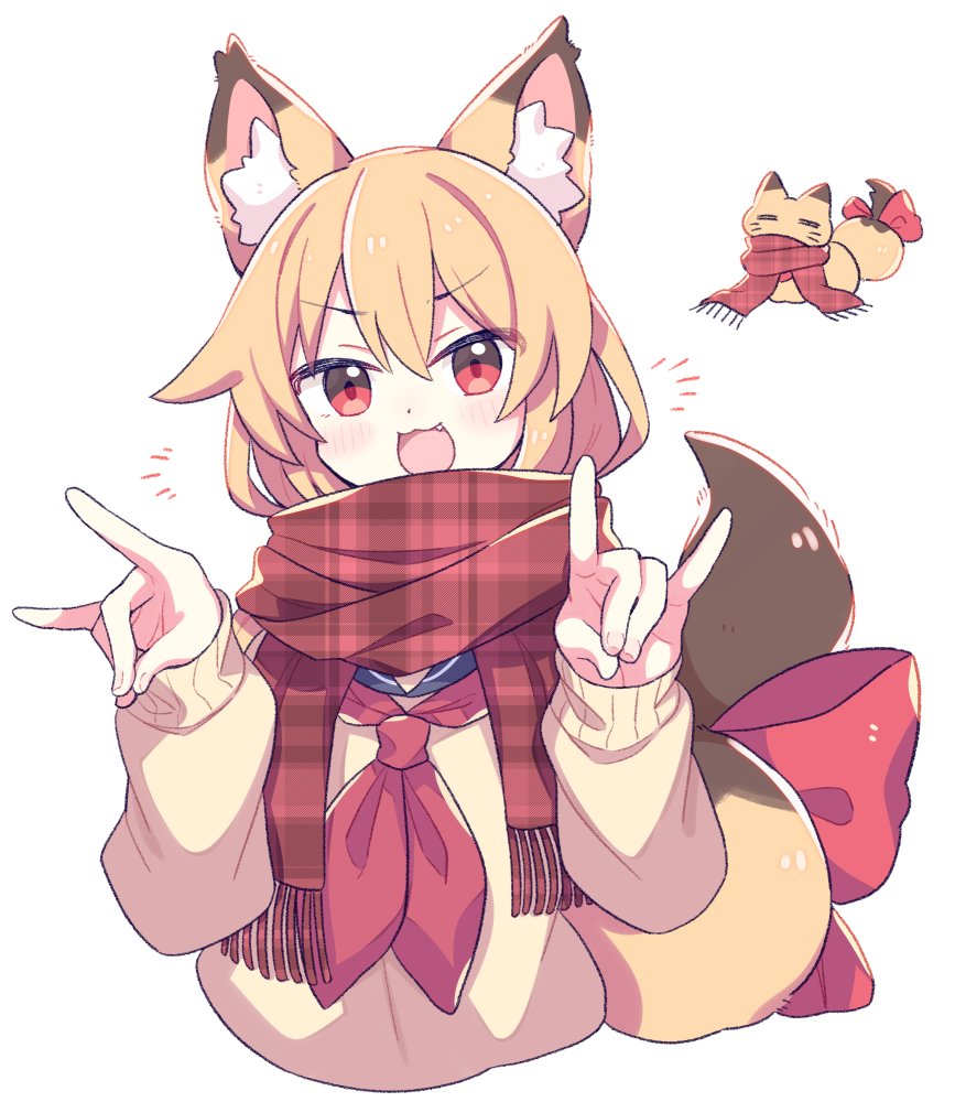 1girl, :3, animal_ear_fluff, animal_ears, blonde_hair, blue_sailor_collar, bow, cardigan, cropped_torso, double-parted_bangs, double_fox_shadow_puppet, fang, fingernails, fox, fox_ears, fox_girl, fox_shadow_puppet, fox_tail, hair_between_eyes, neckerchief, open_mouth, original, plaid_clothes, plaid_scarf, red_bow, red_eyes, red_neckerchief, red_scarf, sailor_collar, scarf, school_uniform, serafuku, simple_background, smile, solo, suzuno_(suzuno3110), tail, tail_bow, tail_ornament, upper_body, v-shaped_eyebrows, white_background, yellow_cardigan