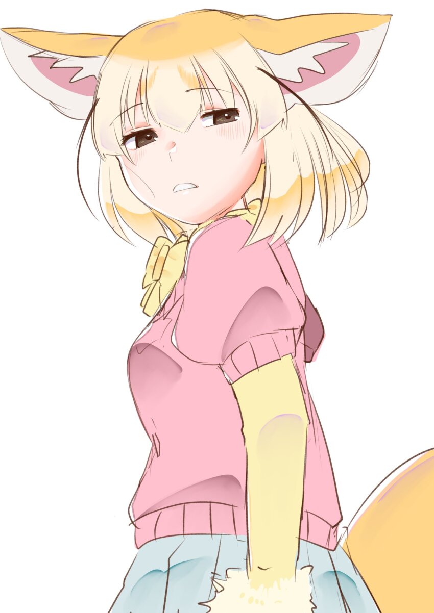 1girl, animal_ears, blonde_hair, blue_skirt, bow, bowtie, brown_eyes, elbow_gloves