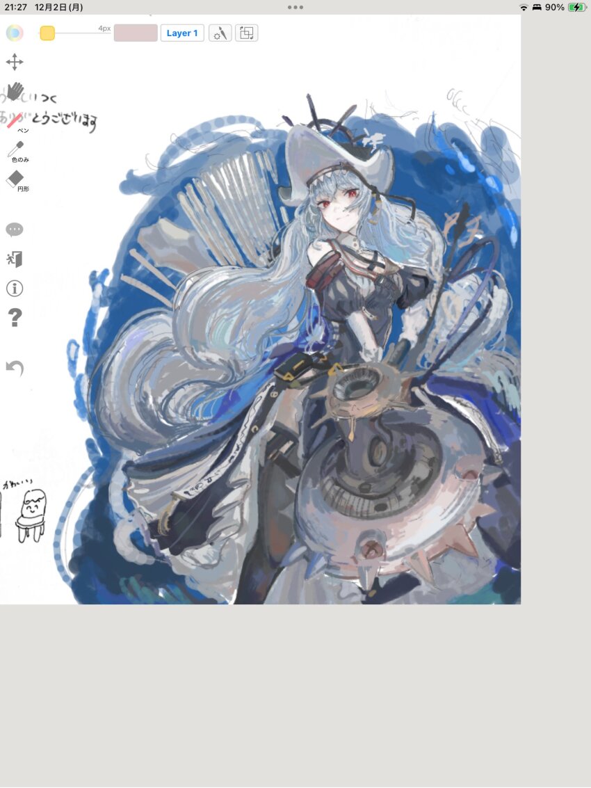 1girl, arknights, arrow_(symbol), art_program_in_frame, battery_indicator, black_dress, black_thighhighs, closed_mouth, commentary_request, dated, dress, grey_hair, grey_hat, hat, highres, light_smile, long_hair, looking_at_viewer, official_alternate_costume, red_eyes, shiroari7878, solo, specter_(arknights), specter_the_unchained_(arknights), thighhighs, unfinished, wi-fi_symbol