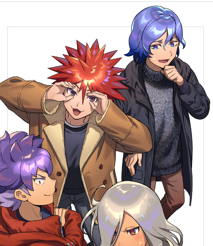 4boys, black_jacket, black_shirt, blue_eyes, blue_hair, brown_jacket, brown_pants, dark-skinned_male