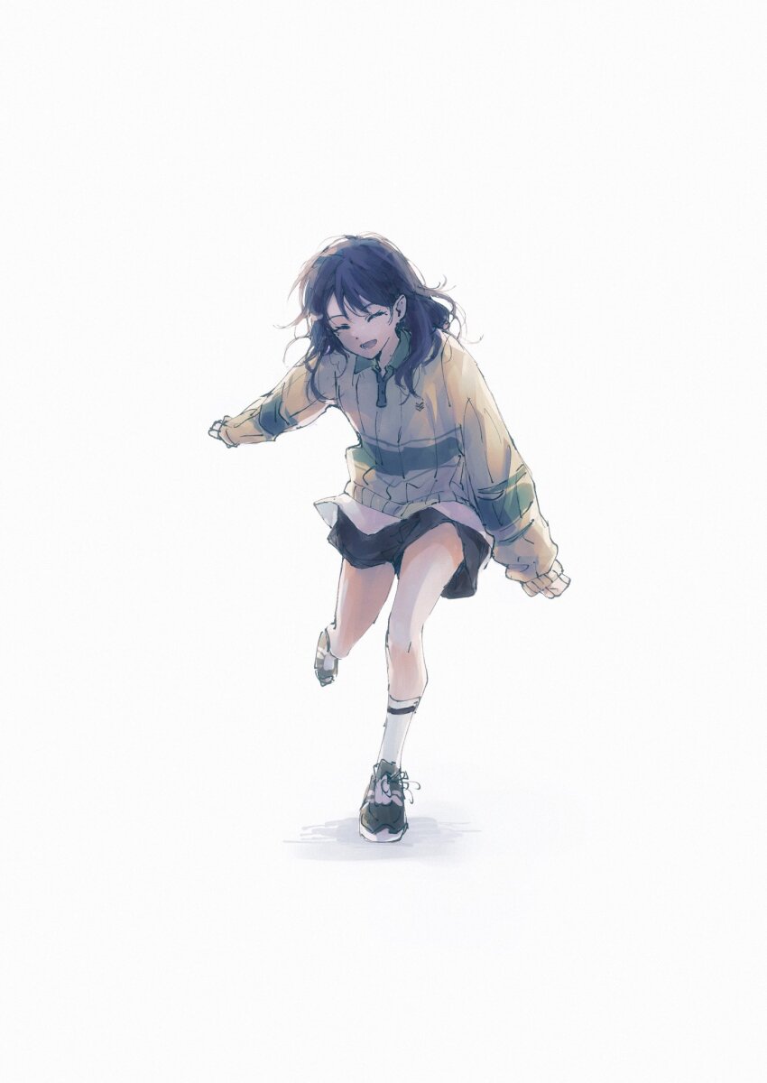 1girl, :d, ^_^, black_shoes, black_shorts, blue_hair, closed_eyes, collared_shirt