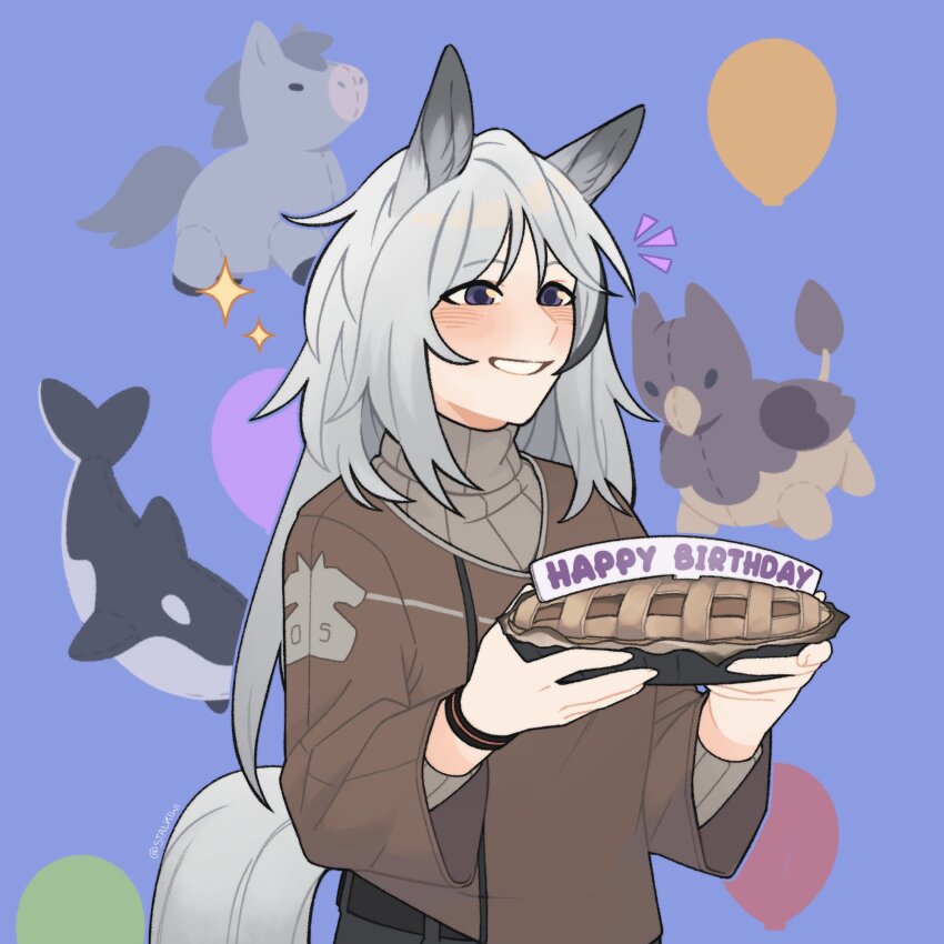 1girl, :d, animal_ears, arkiwi, arknights, blush, brown_shirt, commentary