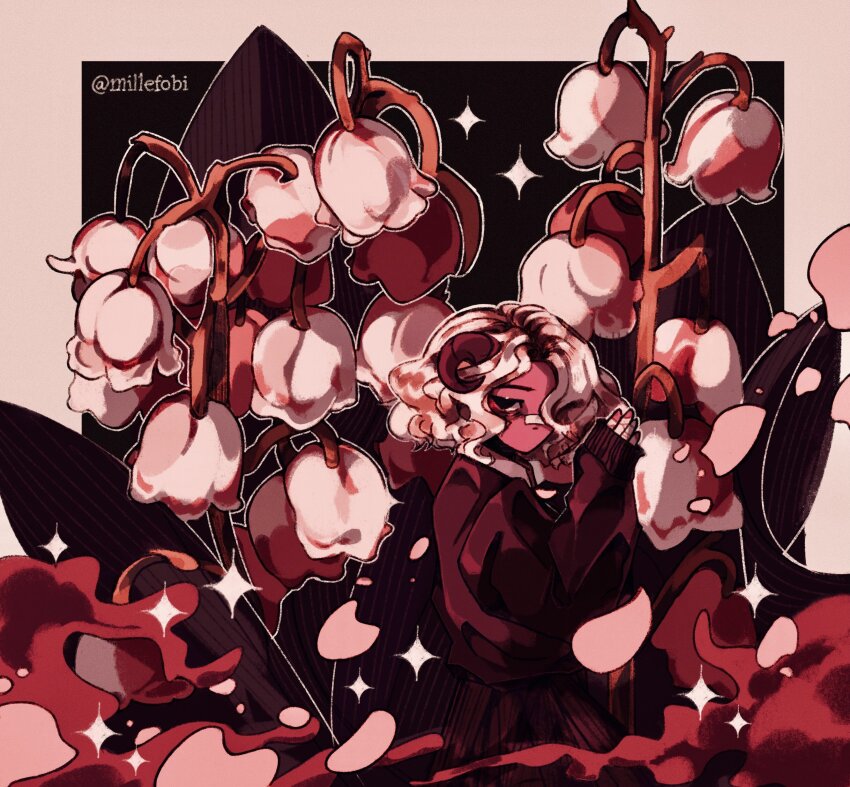 1girl, absurdres, artist_name, bags_under_eyes, bandaged_fingers, bandages, bandaid, bandaid_on_face, bandaid_on_nose, black_background, black_eyes, border, brown_hair, brown_horns, collared_shirt, colored_skin, colored_smoke, commentary, english_commentary, flower, hair_over_one_eye, half-closed_eyes, hand_up, highres, horns, leaf, lily_of_the_valley, looking_down, millefobi, mini_person, minigirl, monochrome, multicolored_hair, no_mouth, original, outline, outside_border, pink_border, pleated_skirt, red_skin, red_skirt, red_sweater, red_theme, roots_(hair), sheep_horns, shirt, short_hair, signature, skirt, sleeves_past_wrists, smoke, sparkle, sweater, two-tone_hair, wavy_hair, white_flower, white_hair, white_outline, white_shirt