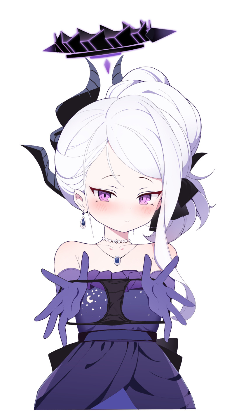 1girl, absurdres, black_horns, black_panties, blue_archive, blush, demon_girl, demon_horns