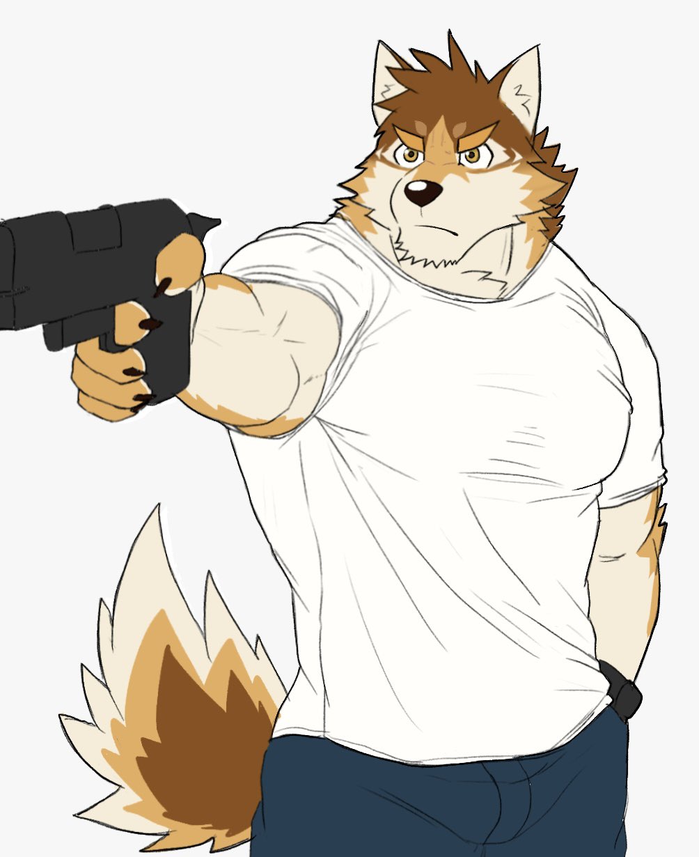 2024_summer_olympics, aiming, animal_ear_fluff, animal_ears, barrel_(live_a_hero), blue_pants, brown_fur, claws, commentary_request, derivative_work, dog_boy, dog_ears, dog_tail, gun, hand_in_pocket, handgun, highres, holding, holding_gun, holding_weapon, live_a_hero, meme, nikukyu299paw, olympics, outstretched_hand, pants, shirt, tail, weapon, white_background, white_shirt, yusuf_dikec_(meme)