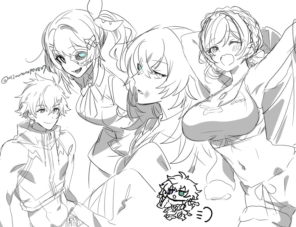 2boys, 2girls, :d, armpits, bow, breasts, chibi, cleavage