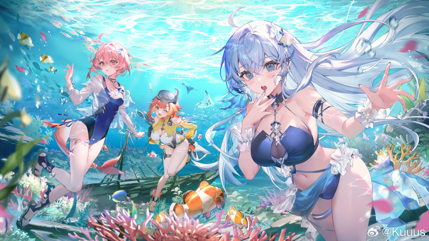 3girls, ahoge, anklet, armlet, bare_shoulders, bead_bracelet, beads, bikini