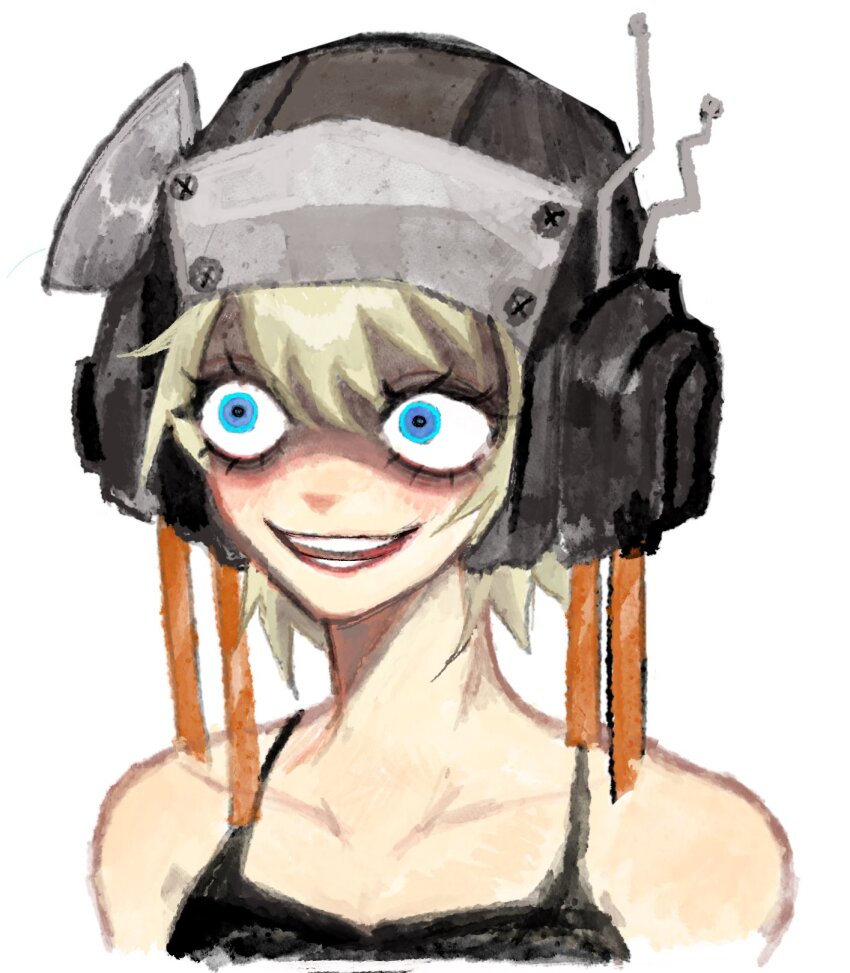 1girl, bare_shoulders, black_tank_top, blonde_hair, blue_eyes, c'venash_vishneri, helmet, highres, nonsensemanna, open_mouth, psychopomp_(game), radio_antenna, short_hair, smile, solo, tank_top, teeth, white_background, wide-eyed