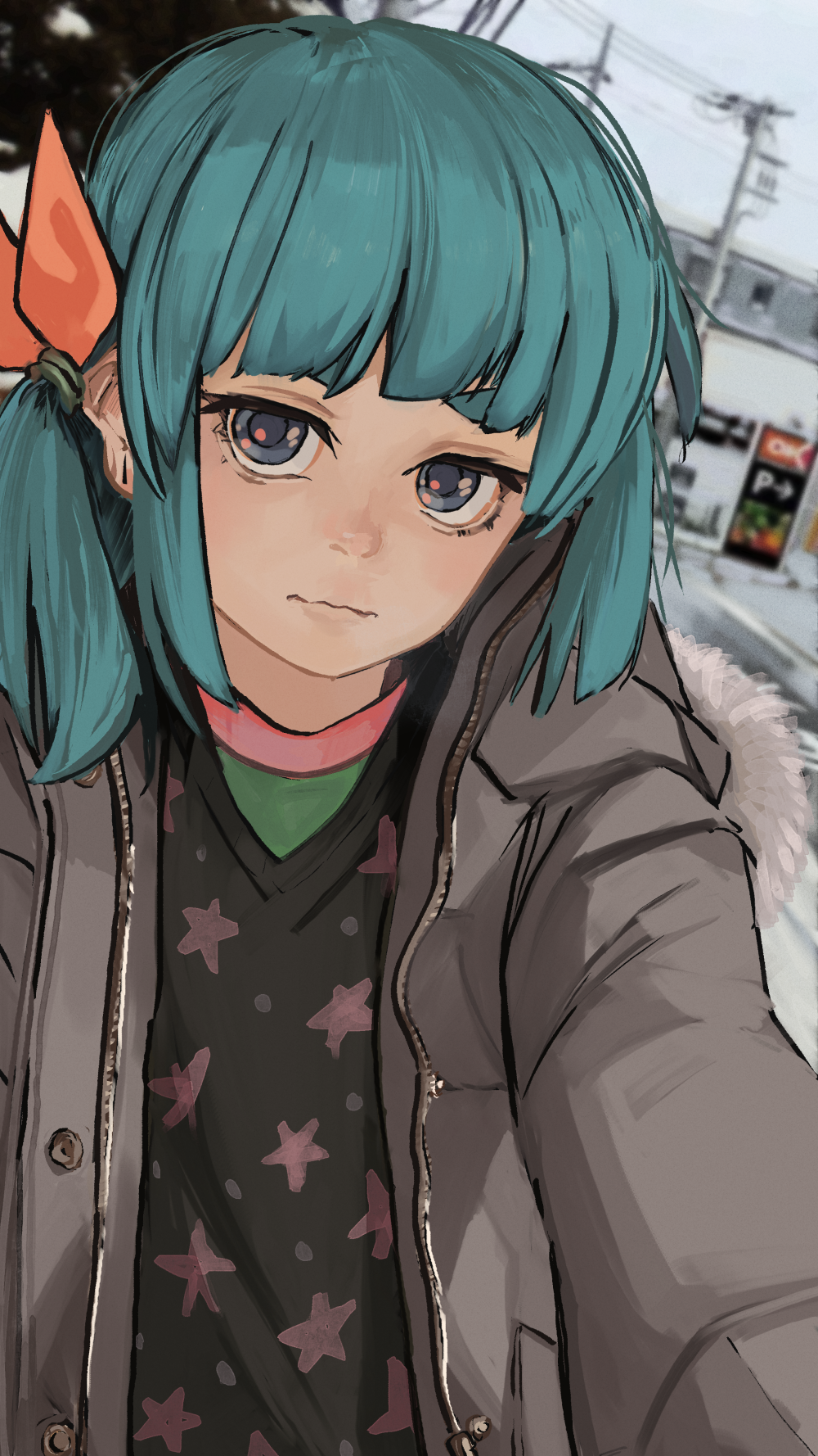 1girl, :|, aqua_hair, black_shirt, blunt_bangs, blurry, blurry_background, building