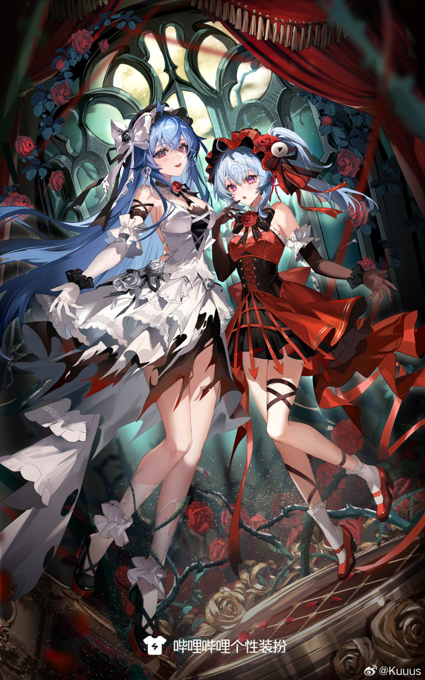 2girls, ankle_socks, bare_shoulders, bili_girl_22, bili_girl_33, bilibili, black_bow, black_bowtie