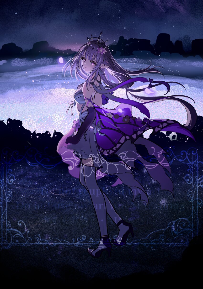 1girl, absurdres, black_footwear, castorice_(honkai:_star_rail), commentary, crown, dress, elbow_gloves, floating_hair, from_side, full_body, gloves, hashtag-only_commentary, high_heels, highres, honkai:_star_rail, honkai_(series), long_hair, looking_at_viewer, night, outdoors, parted_lips, purple_dress, purple_eyes, purple_gloves, purple_hair, solo, thighhighs, turning_head, very_long_hair, white_thighhighs, wira