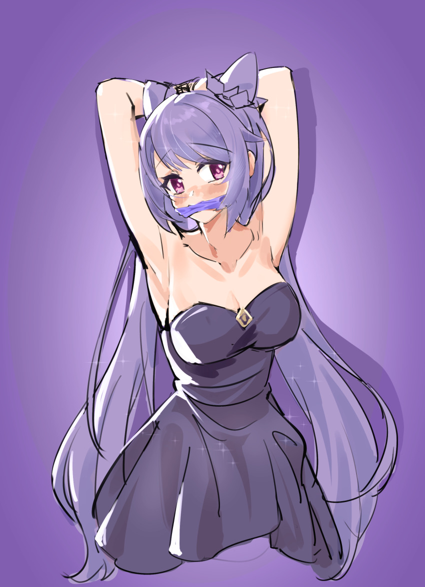 1girl, absurdres, armpits, arms_behind_head, arms_up, breasts, brooch, cleavage