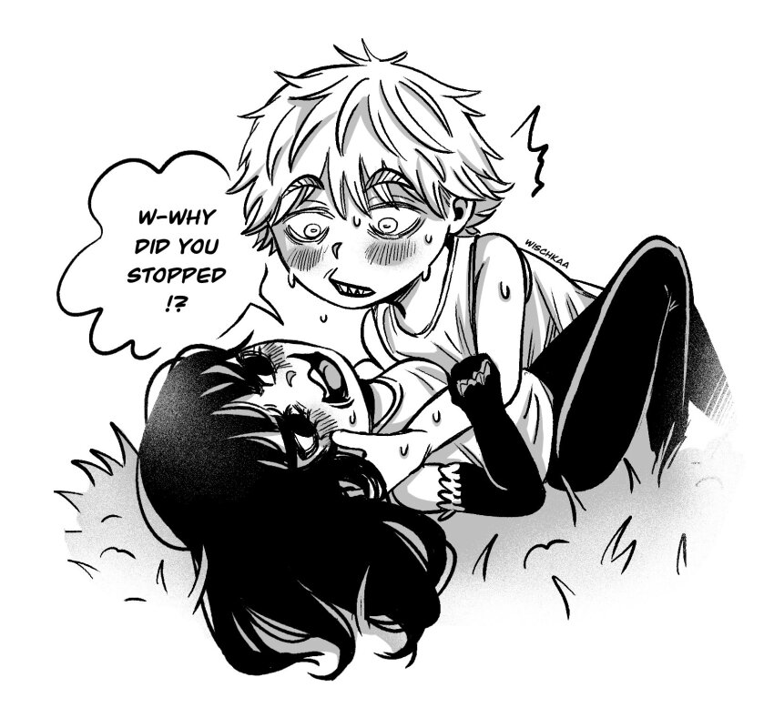 1boy, 1girl, after_kiss, bags_under_eyes, breasts, chainsaw_man, chibi, commentary