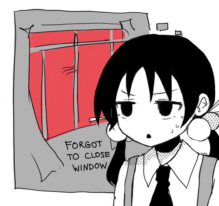 1girl, black_hair, black_necktie, english_text, greyscale, highres, inabakumori, ipace_(vocaloid), kaai_yuki, li_shay, low_twintails, monochrome, necktie, nervous_sweating, open_mouth, red_sky, school_uniform, sky, sweat, twintails, white_background