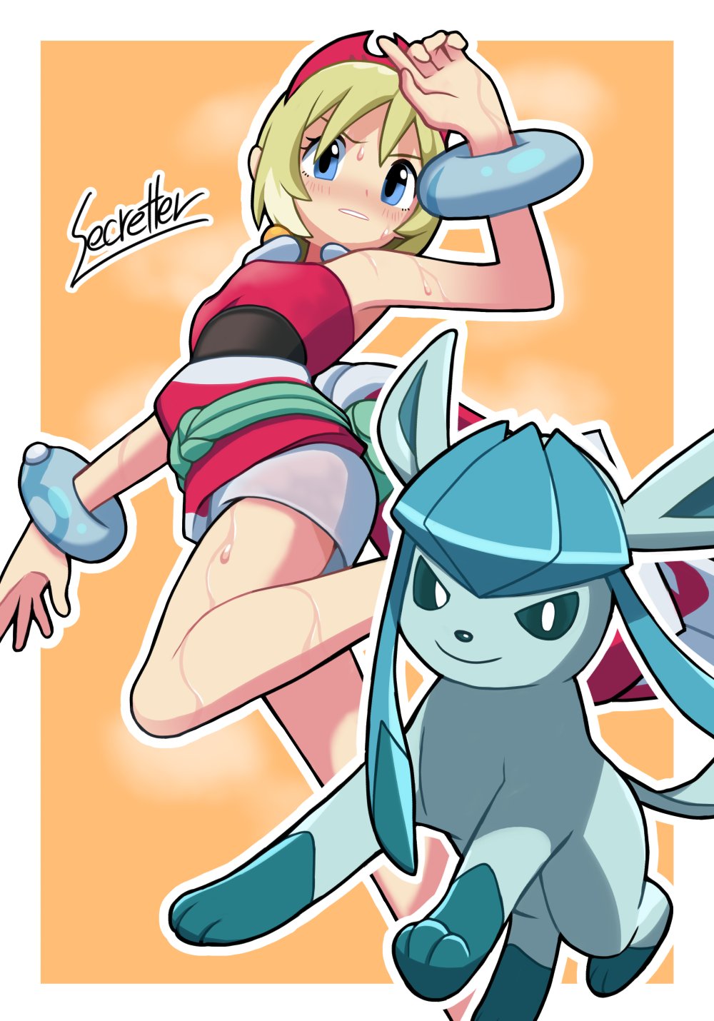 1girl, blonde_hair, blue_eyes, border, gen_4_pokemon, glaceon, hairband, highres