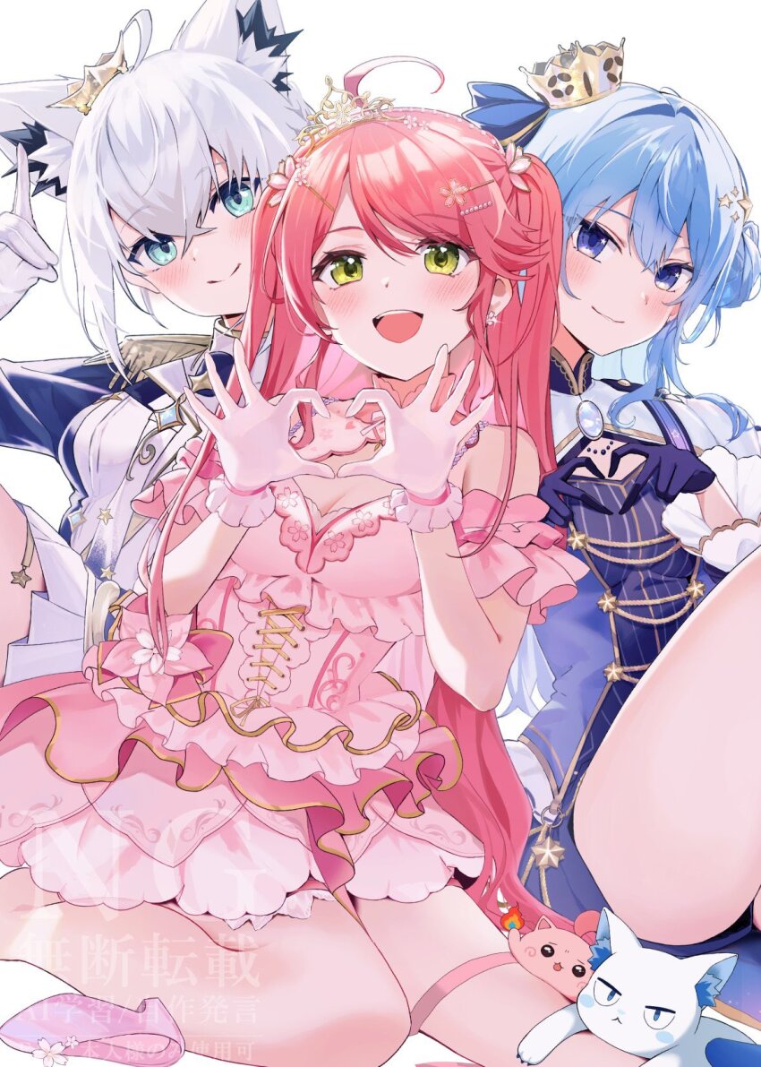 3girls, ahoge, animal_ear_fluff, animal_ears, aqua_eyes, asymmetrical_bangs, aya02ka, blue_eyes