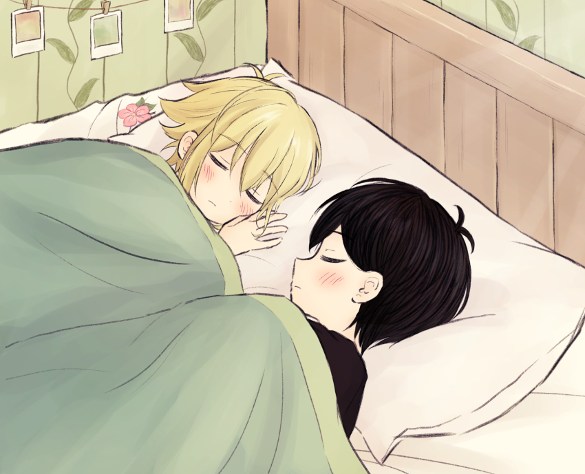 2boys, antenna_hair, basil_(faraway)_(omori), basil_(omori), bed, black_hair, black_shirt, blonde_hair, blush, closed_eyes, closed_mouth, flower, hair_ornament, highres, lying, male_focus, multiple_boys, omori, on_side, photo_(object), pillow, segue5o, shirt, short_hair, sleeping, sunny_(omori), t-shirt, under_covers, unworn_hair_ornament, yaoi