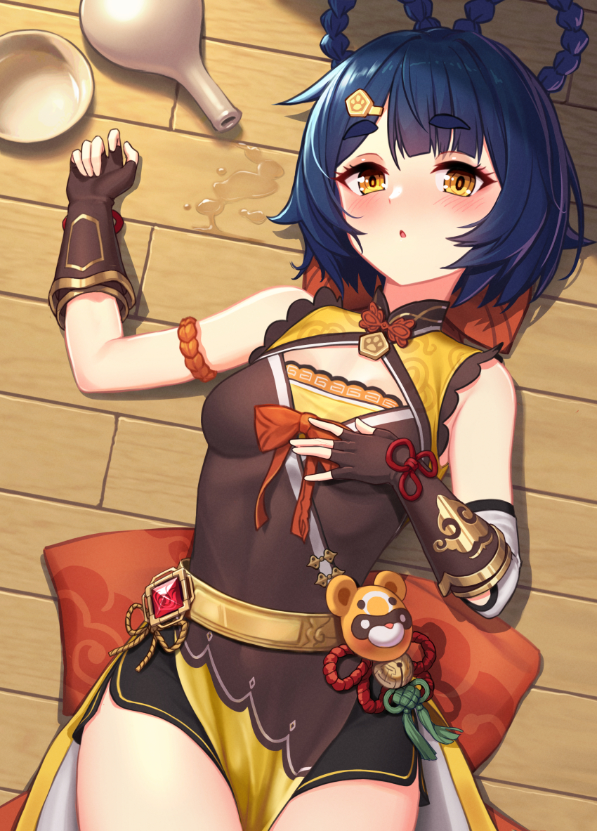 1girl, absurdres, armlet, black_gloves, blue_hair, bow, braid, braided_hair_rings