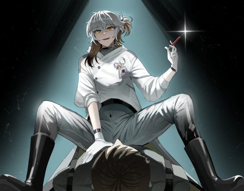 1boy, 1other, :d, asdff9919, black_background, black_footwear, boots, brown_hair