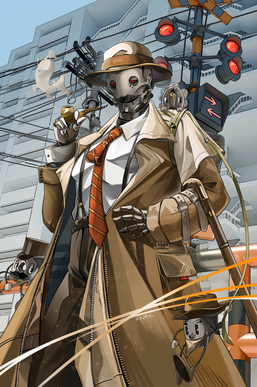 absurdres, arknights, arrow_(symbol), brown_coat, brown_hat, brown_pants, chinese_commentary, coat