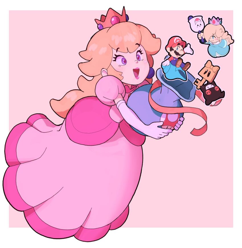 2boys, 2girls, blonde_hair, blue_dress, blue_eyes, blue_overalls, boo_bell, boots, border, brown_footwear, crown, dress, earrings, elbow_gloves, eversmithi, facial_hair, gloves, hat, highres, holding, item_bag_(mario_party), jewelry, key, long_dress, long_hair, mario, mario_(series), mario_party, multiple_boys, multiple_girls, mustache, ninji, nintendo, one_eye_closed, open_mouth, outside_border, overalls, pink_background, pink_dress, pouch, puffy_short_sleeves, puffy_sleeves, red_hat, rosalina, short_sleeves, simple_background, skeleton_key_(mario), solo_focus, sphere_earrings, super_mario_party_jamboree, super_mushroom, tide_shell, white_border, white_gloves