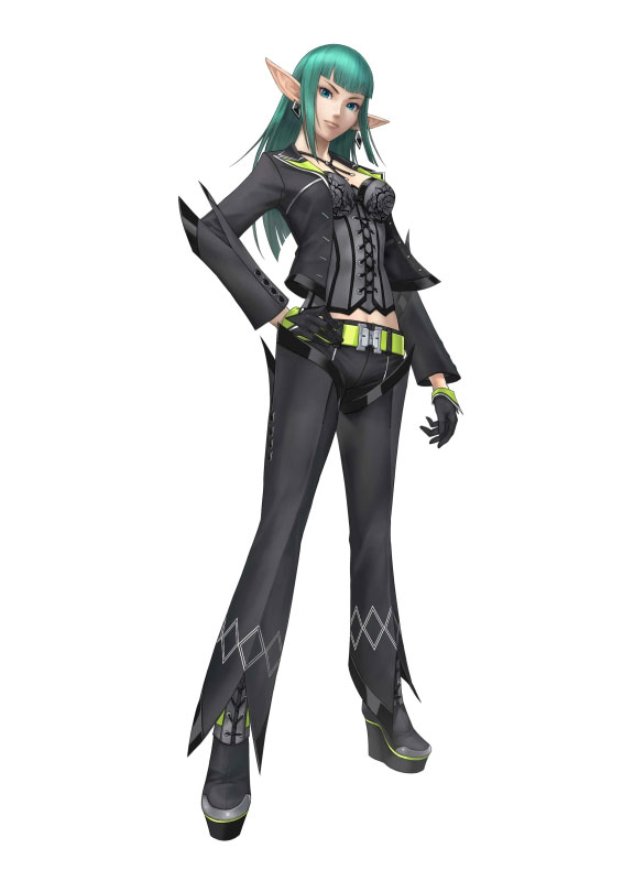 1girl, alfa_system, aqua_eyes, aqua_hair, belt, earrings, elf, female_focus, gloves, jewelry, long_hair, phantasy_star, phantasy_star_portable, phantasy_star_portable_2, phantasy_star_universe, pointy_ears, simple_background, solo, ursula_rollan, white_background