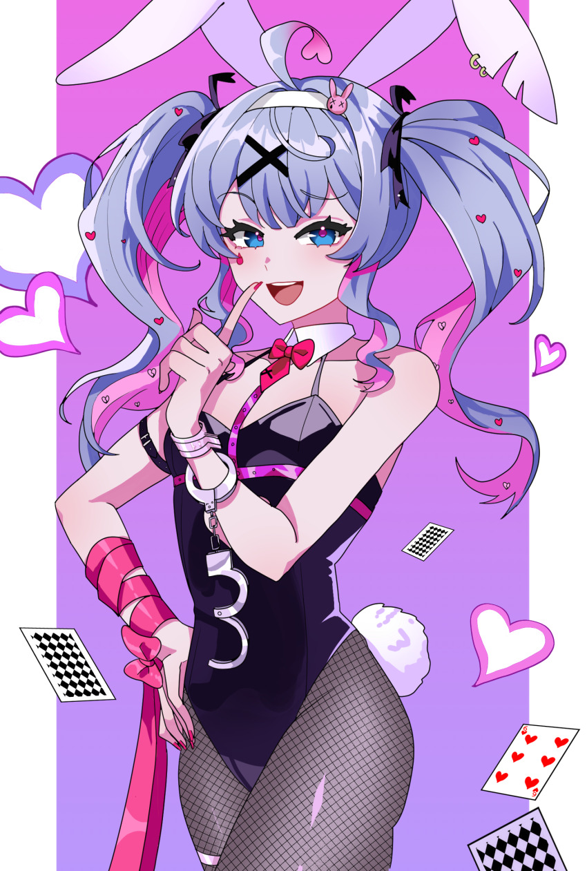 1girl, :d, ahoge, animal_ears, arm_ribbon, asdff9919, bare_shoulders, black_leotard