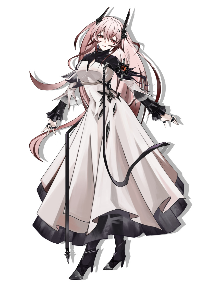 1girl, absurdres, arknights, black_horns, black_pantyhose, bright_pupils, chinese_commentary, cleavage_cutout