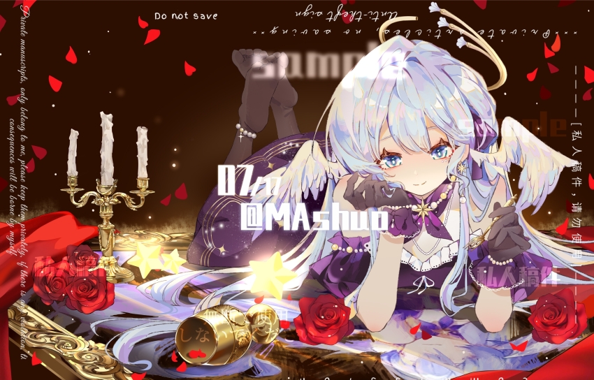 1girl, bare_shoulders, black_gloves, black_pantyhose, blue_eyes, blue_hair, candle, choker, closed_mouth, commission, dark_background, detached_sleeves, dress, falling_petals, feet_up, flower, fork, full_body, gloves, halo, hands_up, head_wings, highres, holding, holding_fork, honkai:_star_rail, honkai_(series), jewel_under_eye, jewelry, long_hair, longze_mashu, looking_at_viewer, lying, necklace, no_shoes, on_stomach, pantyhose, petals, picture_frame, purple_choker, purple_dress, red_flower, red_rose, robin_(honkai:_star_rail), rose, sample_watermark, smile, solo, star_(symbol), the_pose, watermark, wings