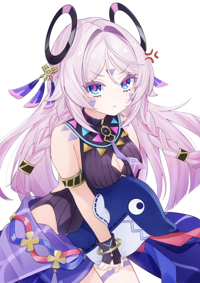 1girl, absurdres, anger_vein, armlet, bare_shoulders, black_leotard, blue_eyes, blunt_tresses