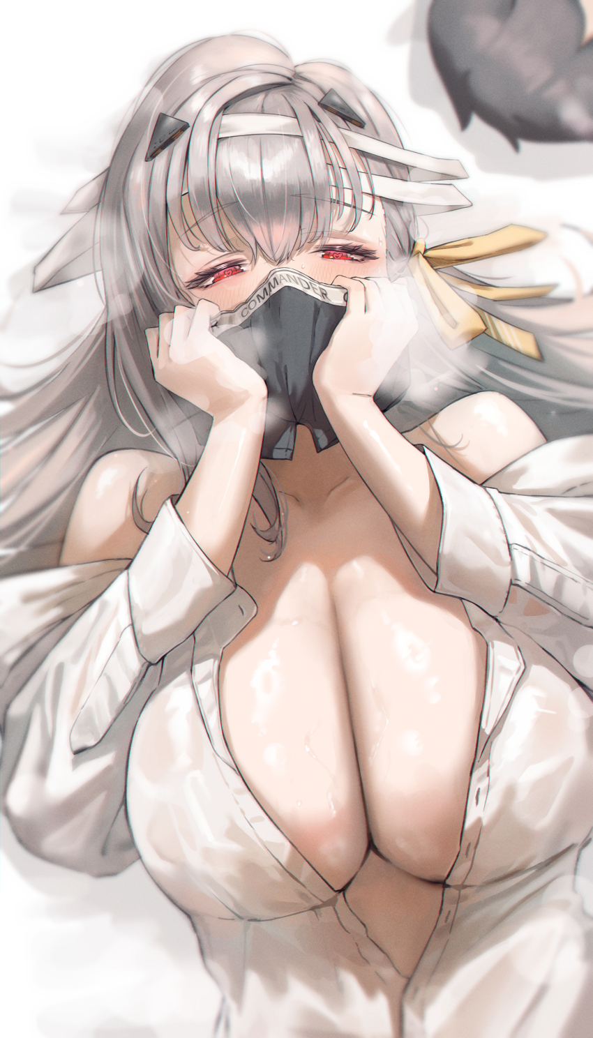 1girl, absurdres, bandage_on_hair, bare_shoulders, black_male_underwear, breasts, cleavage, collarbone, commentary, female_pervert, goddess_of_victory:_nikke, grey_hair, highres, huge_breasts, jindogod, long_hair, long_sleeves, lying, male_underwear, modernia_(first_affection)_(nikke), modernia_(nikke), off_shoulder, on_back, pervert, red_eyes, see-through_clothes, see-through_shirt, shirt, smelling, smelling_clothes, solo, underwear, upper_body, white_shirt