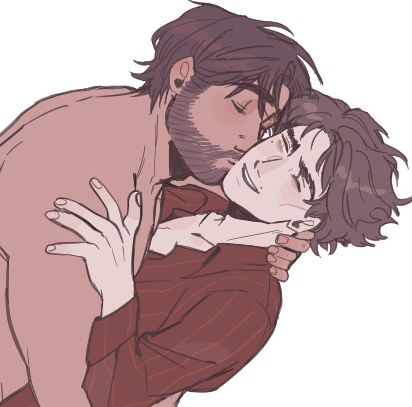 2boys, arcane:_league_of_legends, arcane_jayce, arcane_survivor_jayce, beard, brown_hair, closed_eyes, collared_shirt, commentary, couple, dark-skinned_male, dark_skin, dutch_angle, facial_hair, hand_on_another's_neck, hand_on_another's_shoulder, hashtag-only_commentary, highres, jayce_(league_of_legends), kiss, kissing_cheek, league_of_legends, long_sleeves, male_focus, multiple_boys, nude, oooyinghu, open_collar, red_shirt, shirt, short_hair, simple_background, smile, teeth, thick_eyebrows, upper_teeth_only, viktor_(arcane), viktor_(league_of_legends), wavy_hair, white_background, yaoi