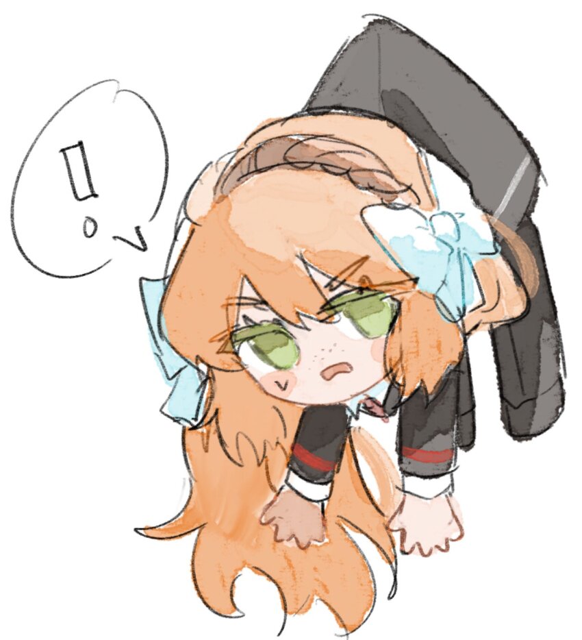 !, 1girl, black_footwear, black_jacket, black_pants, black_suit, blush, bow, chibi, collared_shirt, formal_clothes, freckles, green_eyes, hair_bow, hanging, highres, ishmael_(project_moon), jacket, limbus_company, long_hair, orange_hair, pants, project_moon, qeoniiy, shirt, solo, spoken_exclamation_mark, suit, v-shaped_eyebrows, very_long_hair, white_bow