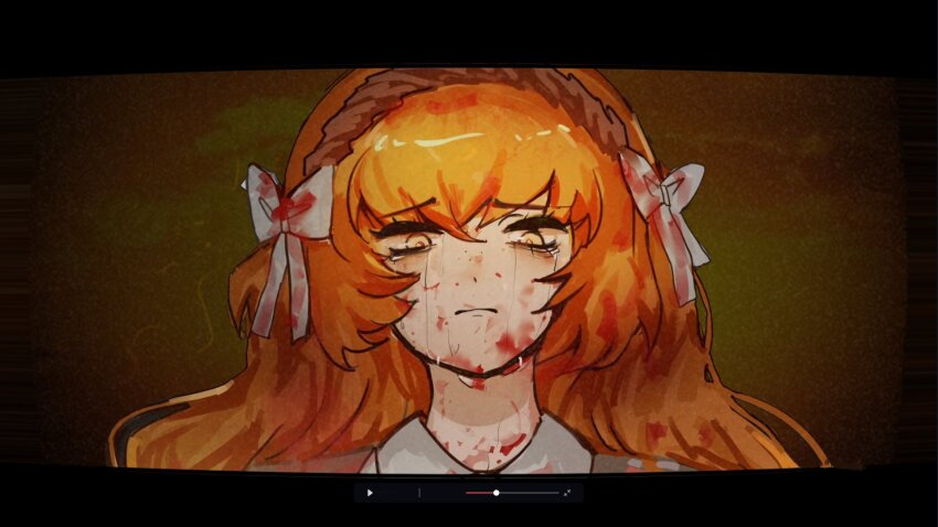 1girl, art_program_in_frame, blood, blood_on_face, bow, collared_shirt, crying, crying_with_eyes_open