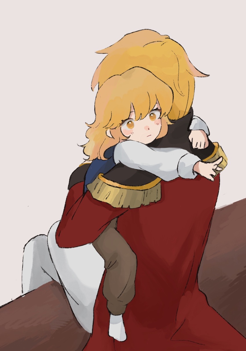 2boys, :|, aged_down, ares_(fire_emblem), blonde_hair, blue_vest, blush, brown_background