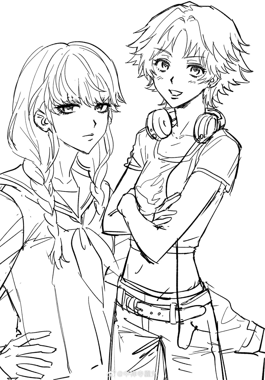 2girls, :d, artist_name, belt, blush, braid, chinese_commentary, closed_mouth