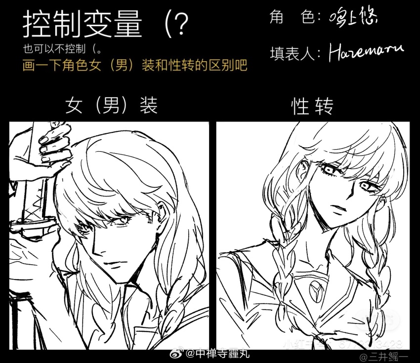 1boy, 1girl, artist_name, braid, character_name, chinese_commentary, chinese_text, closed_mouth