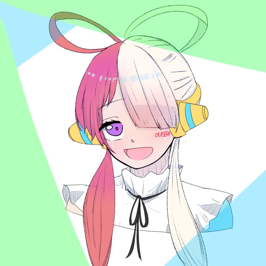 1girl, behind-the-head_headphones, black_ribbon, character_name, commentary_request, cropped_shoulders, facial_mark, hair_over_one_eye