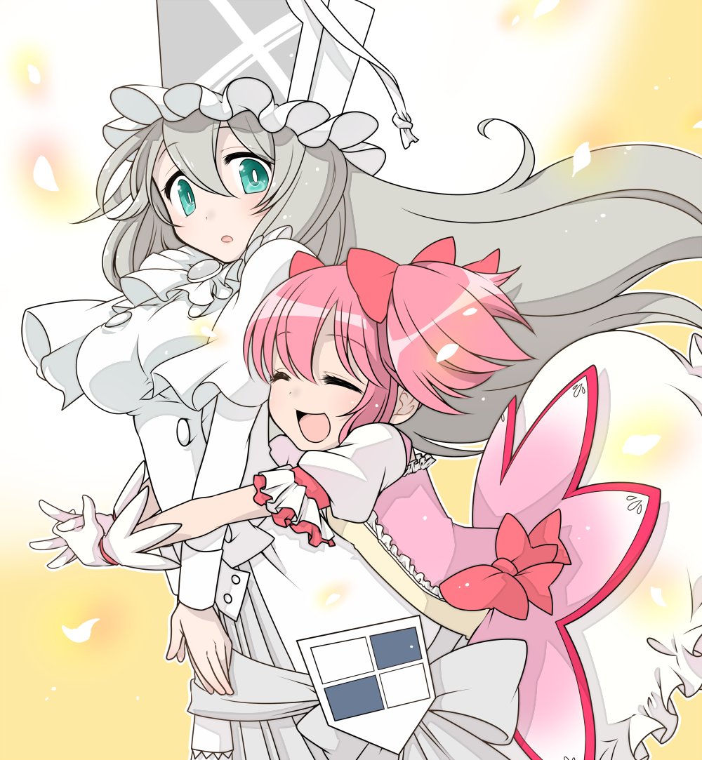 2girls, blue_eyes, breasts, closed_mouth, hug, hug_from_behind, iyofika, kaname_madoka