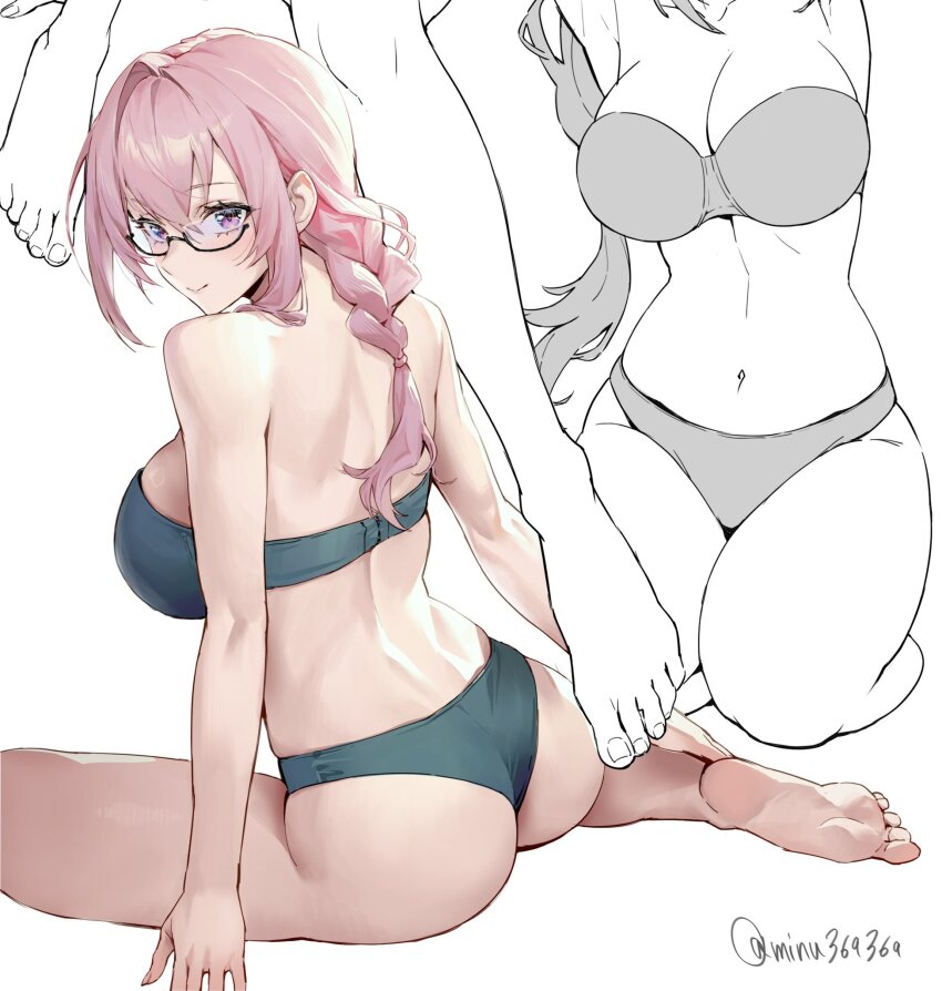 1girl, ass, barefoot, black_bra, black_panties, blush, bra, breasts, cleavage, closed_eyes, commentary, eating, feet, glasses, hair_between_eyes, hashtag-only_commentary, highres, large_breasts, long_hair, midorimura_naoki, multiple_views, navel, panties, pink_eyes, pink_hair, sidelocks, simple_background, sitting, smile, untranslatable_commentary, thighs, toes, tsukishiro_yanagi, underwear, white_background, zenless_zone_zero