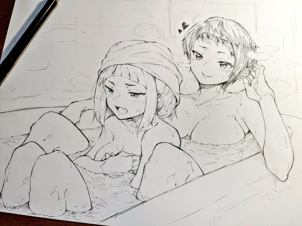 2girls, arched_bangs, art_tools_in_frame, blush, breasts, commentary_request, fang, gasuri_govan