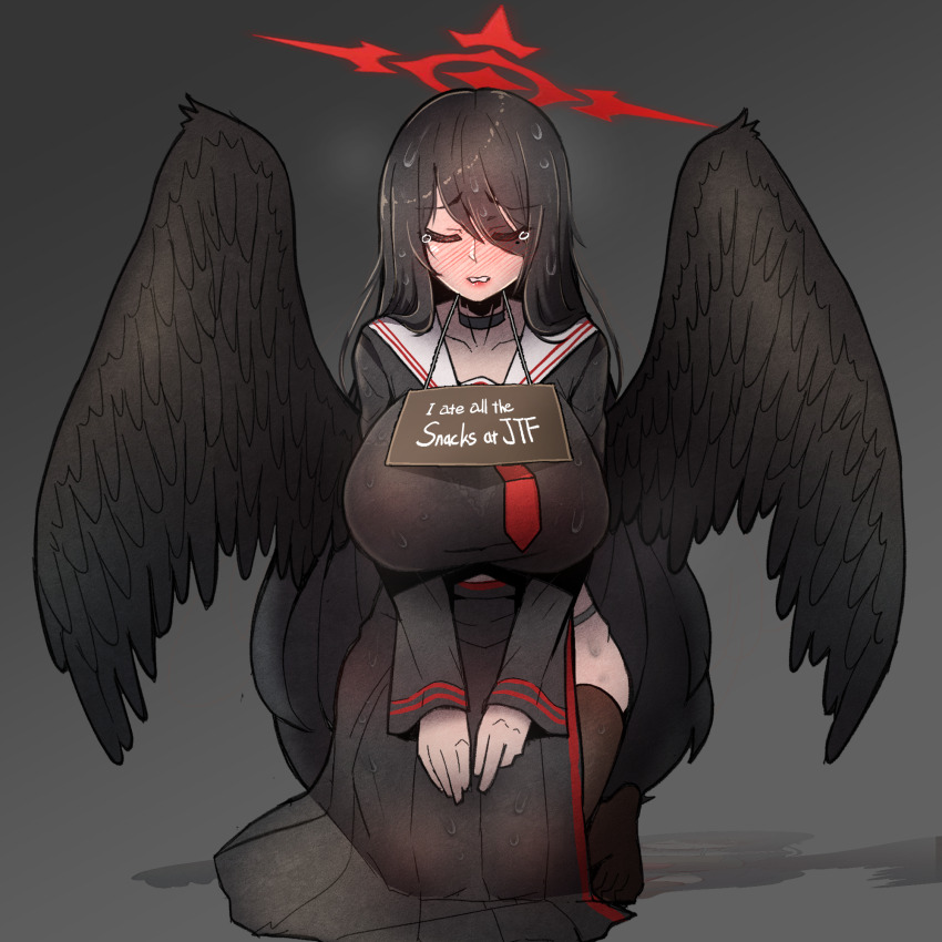 1girl, black_choker, black_hair, black_panties, black_shirt, black_skirt, black_thighhighs, black_wings