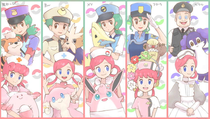 1boy, 6+girls, absurdres, apron, audino, black_eyes, black_hat, black_necktie