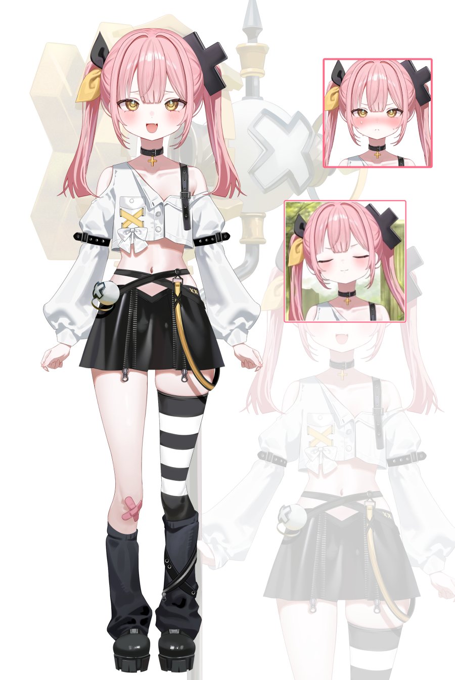 1girl, asymmetrical_legwear, black_bow, black_skirt, black_thighhighs, bow, breasts, cropped_shirt