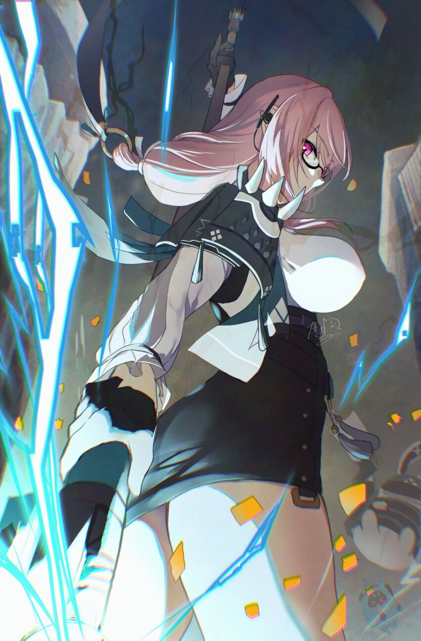 1girl, absurdres, armor, black_gloves, black_skirt, closed_mouth, dress_shirt, floating_hair